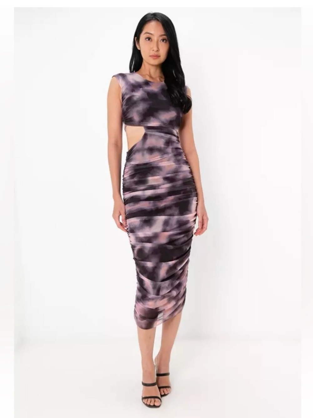 Zara Purple Tie-Dye Ruched Cutout Midi Dress
